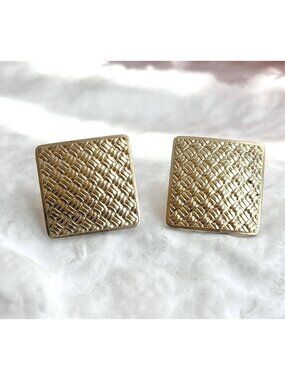 Gold Toned Geometric 80's Crosshatched Textured Costume Jewelry Stud Earrings